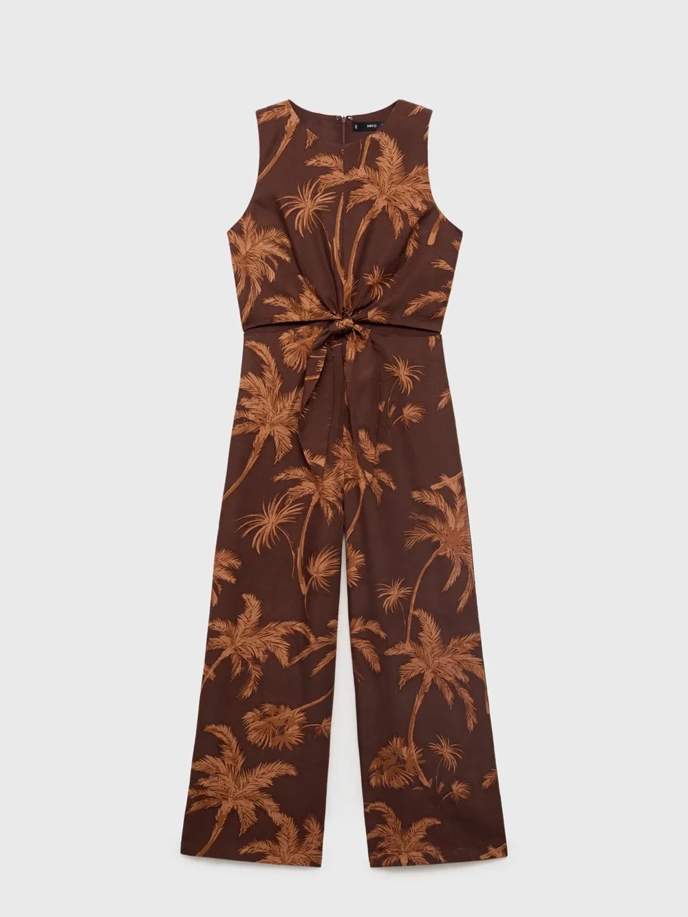 Mango Brown Palm-Print jumpsuit with cut-out and knot detail NWT